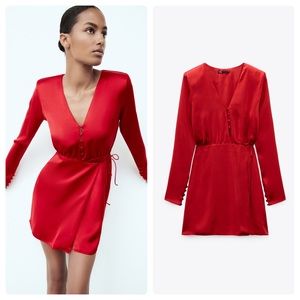 Zara Red Satin Effect Wrap Mini Dress Size XS NWT New With Tags